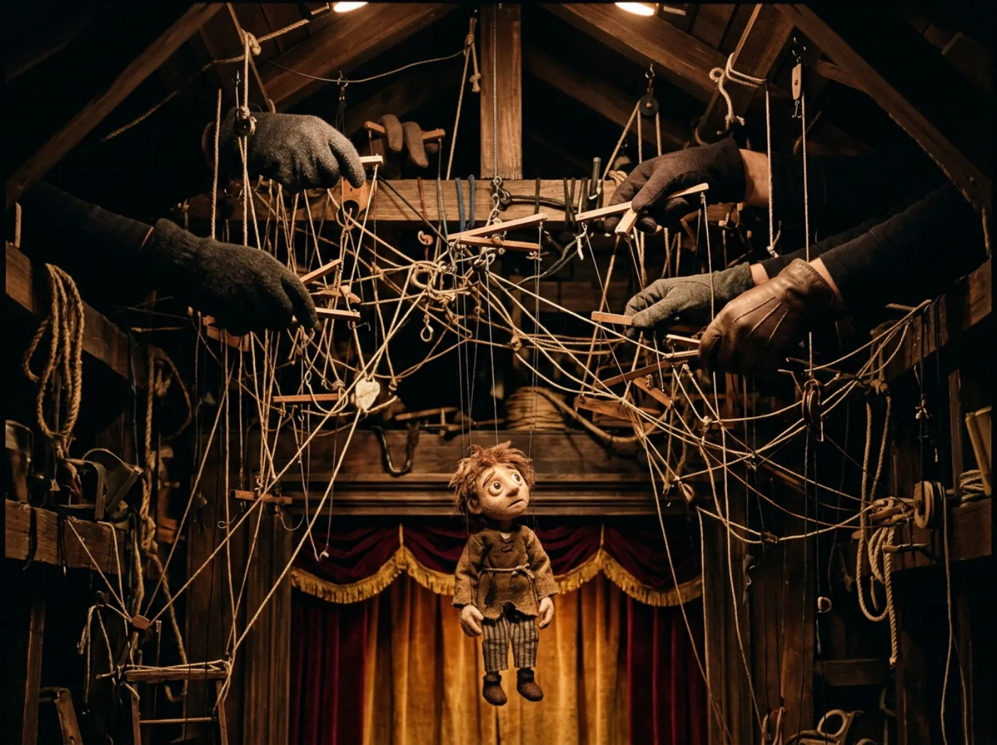 Backstage above a puppet theatre: a chaotic web of strings and wooden control bars hangs from the rafters while several gloved hands reach in from the shadows to tug different strings, and one small felt puppet dangles below looking confused.