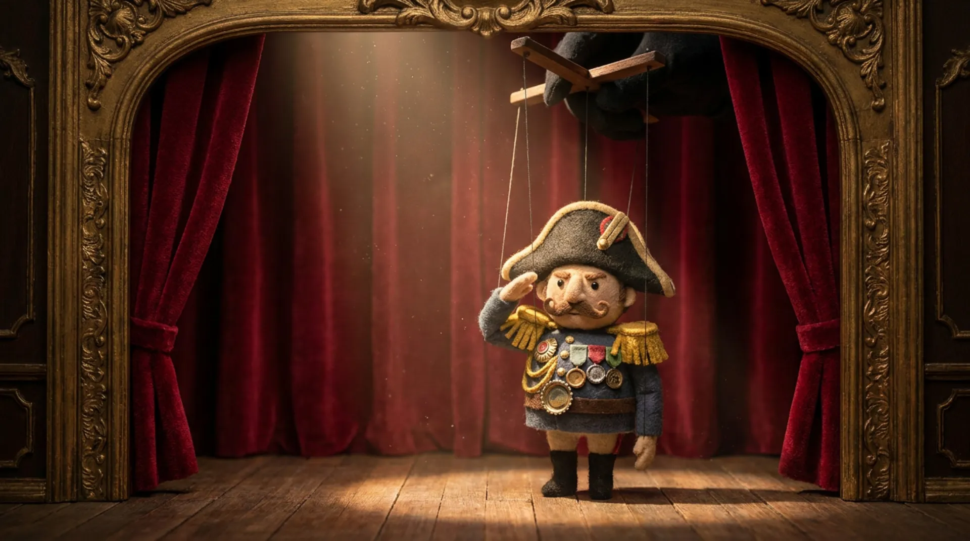 A gilded toy theatre with red velvet curtains: under a spotlight, a felt marionette general with an enormous hat, golden epaulettes and a chest of bottle-cap medals salutes, his strings rising to a wooden control bar held by a shadowy gloved hand.